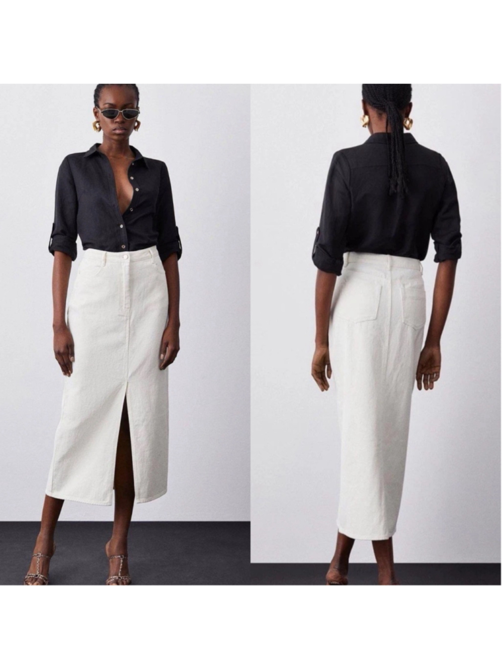 Karen Millen Cream White Front Slit Denim Jean Midi Skirt US 12